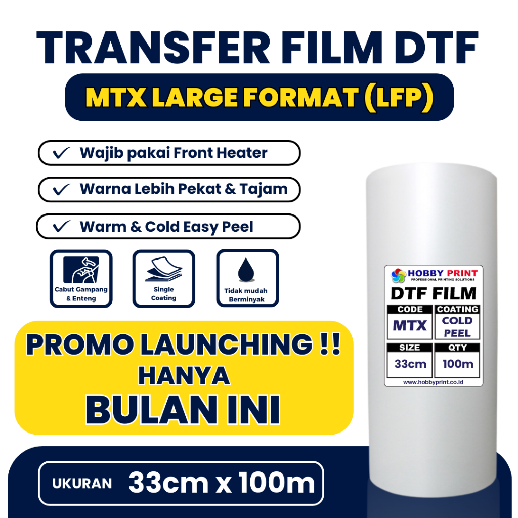 

Pet Film DTF MTX LFP 33cm x 100m Hot Cold Easy Peel Warna Lebih Pekat Cabut Enteng JunDW