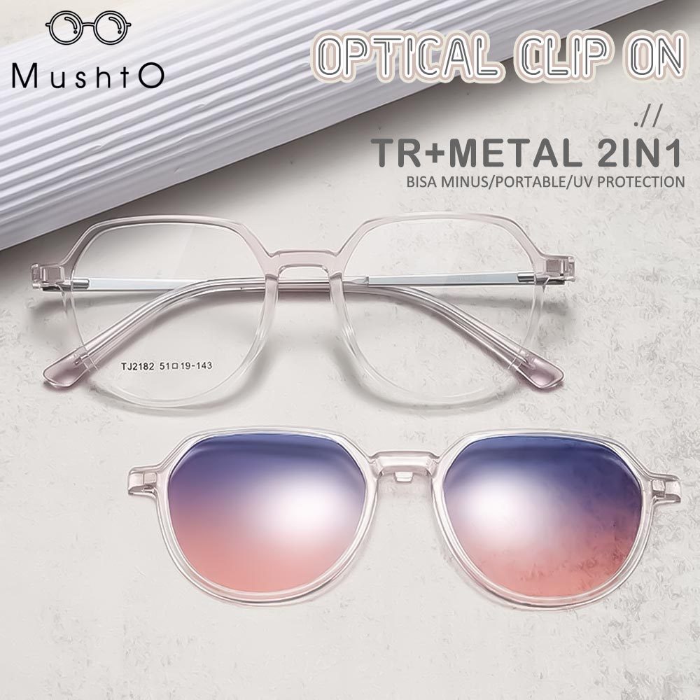 Mushto Kacamata 2in1 Clip On Lepas Pasang Fashionable Wanita Kekinian Style Oval Frame TR+Metal Bisa