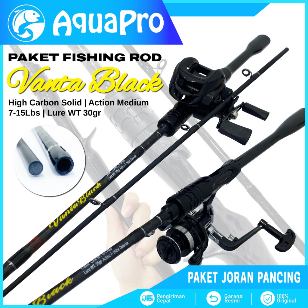 Aquapro Paket Set Alat Pancing Joran Vanta Black Spinning & Casting Rod High Carbon Dan Reel Pancing