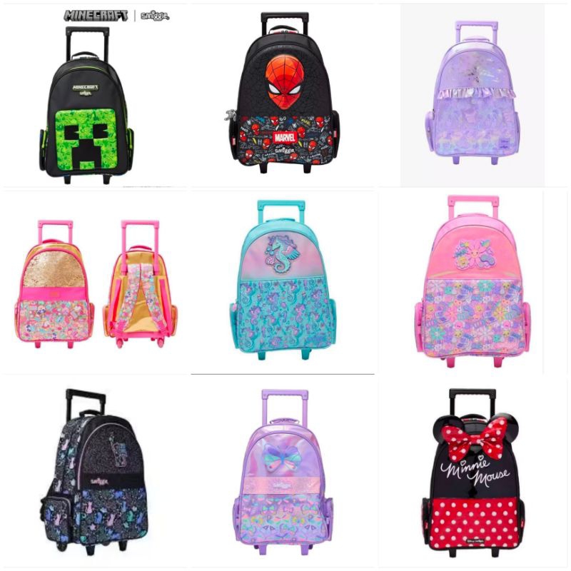 Tas Smiggle Trolley Backpack Ariel, Seahorse, Starry Cat, Flutter, Minnie, Gold flashy/ Tas koper An