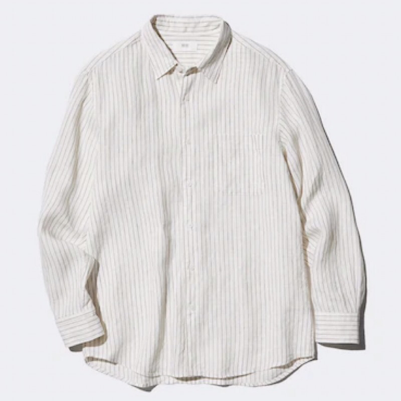 UNIQLO Men Shirt Kemeja Pria Premium Linen Garis Lengan Panjang