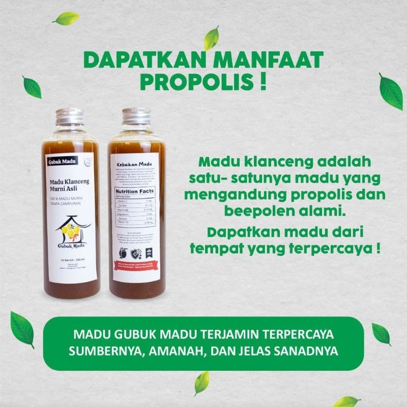 

Madu Klanceng / Kelanceng Full bepolen , Royal Jelly dan Propolis Kemasan 250 ML
