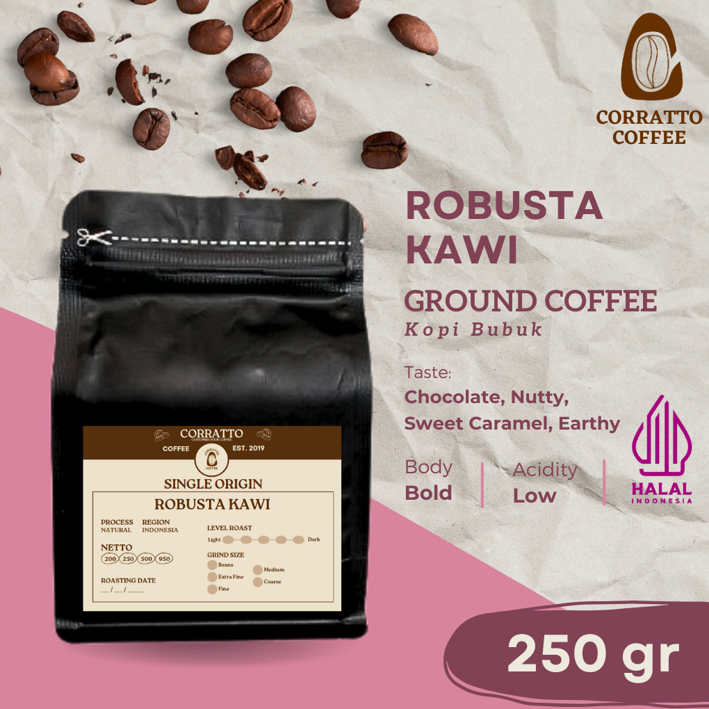 

Bubuk Kopi Robusta Kawi 250 gram Corratto Coffee