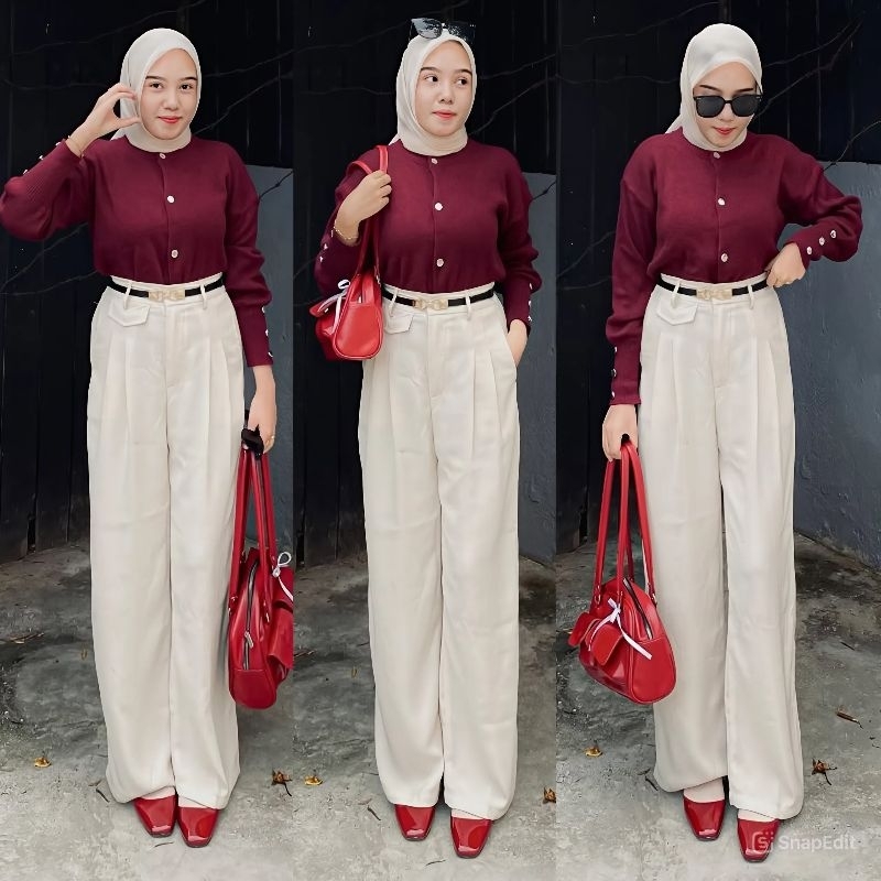 One Set / Cardigan Rajut + Oro Pants Haigwaist / Setelan Wanita / Setelan Wanita Kekinian / One Set 