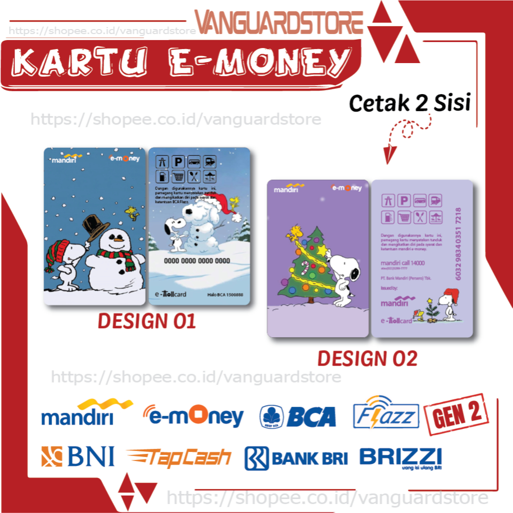 KARTU E MONEY E TOLL KARTUN ANIME SNOPPY NATAL EMONEY MANDIRI FLAZZ BCA TAPCASH BRIZZI BRI - 2 SISI