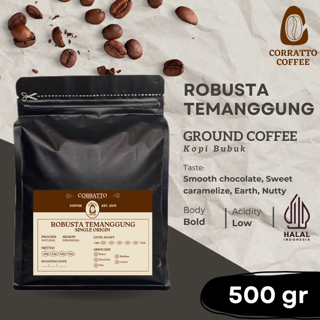 

Bubuk Kopi Robusta Temanggung 500 gram Corratto Coffee