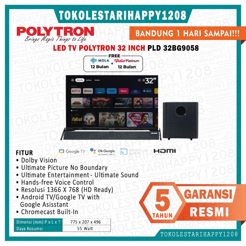 Smart Android TV Polytron Cinemax Soundbar LED TV 32 inch PLD 32BG9058 Garansi Resmi Khusus Bandung