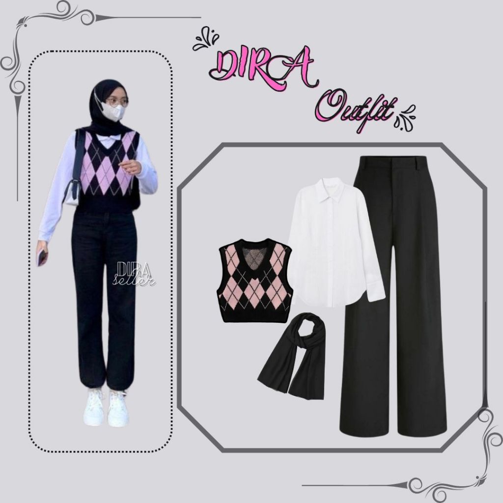 DR 507 - outfit dira pashmina hitam vest diamond pink kemeja basic putih dan celana jennie knit hita