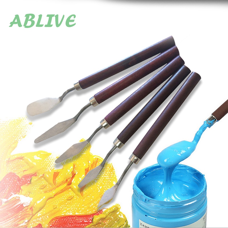 

Isi 5 Pisau Palet Lukis Painting Knife Set Minyak Gagang Kayu Stainless Steel Dekorasi Kue Ukir