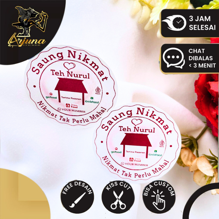 

9-15 Arjuna Cetak Stiker Makanan Warung Nasi Sticker Logo Kuliner Resto Restoran Bulat Chromo Umkm