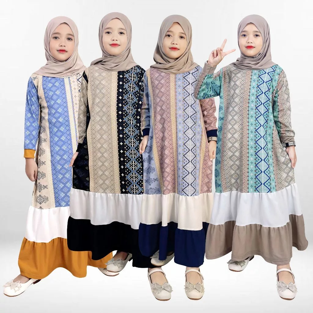 (3-11th) Gamis Anak Perempuan Busana Muslim Anak Cewek Balita TK SD Motif Batik Retro Kombinasi Baju