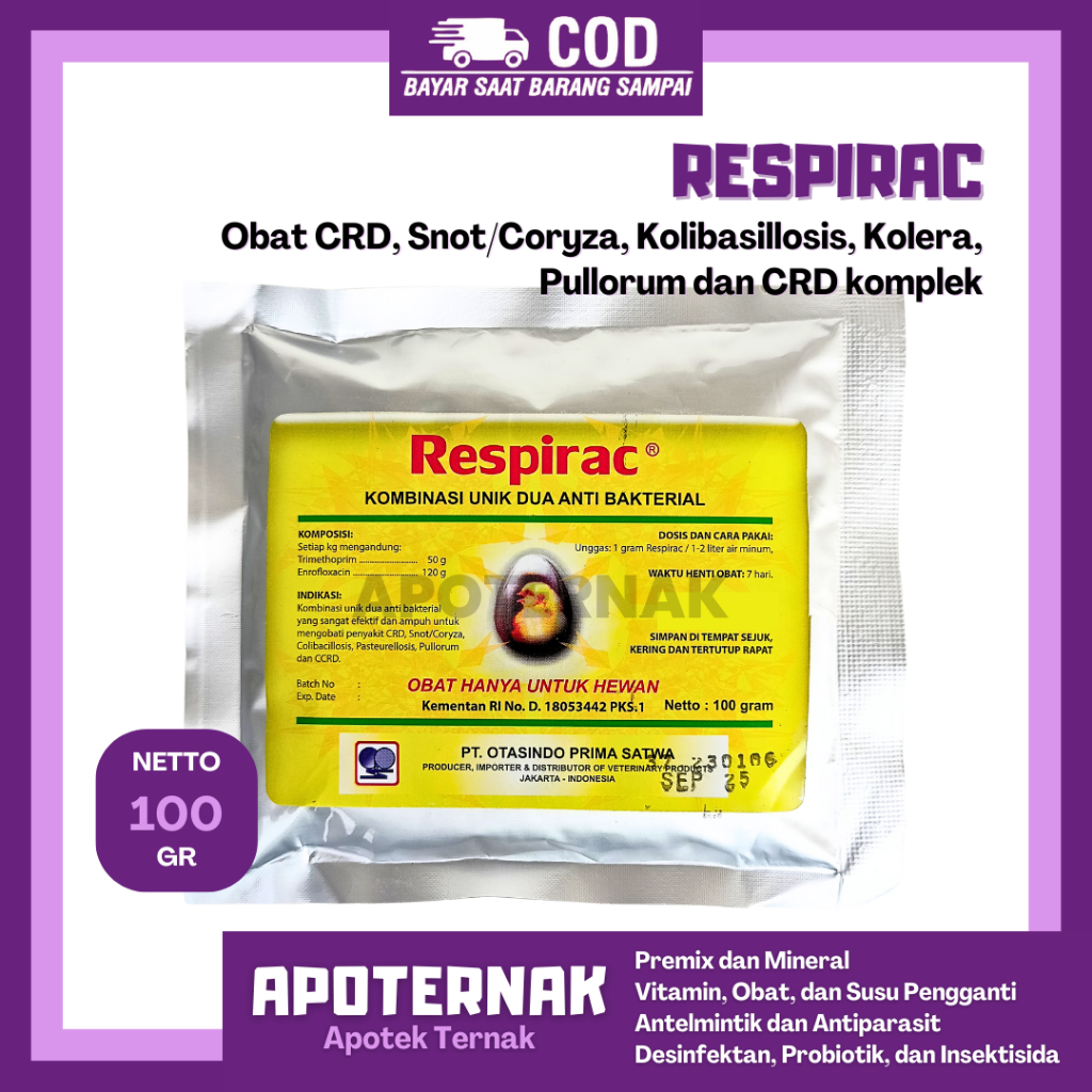 RESPIRAC 100 GRAM OTASINDO - (Enro+Trimesulf) Obat Ayam Paling Ampuh - Obat Ayam CRD Snot Ngorok Flu