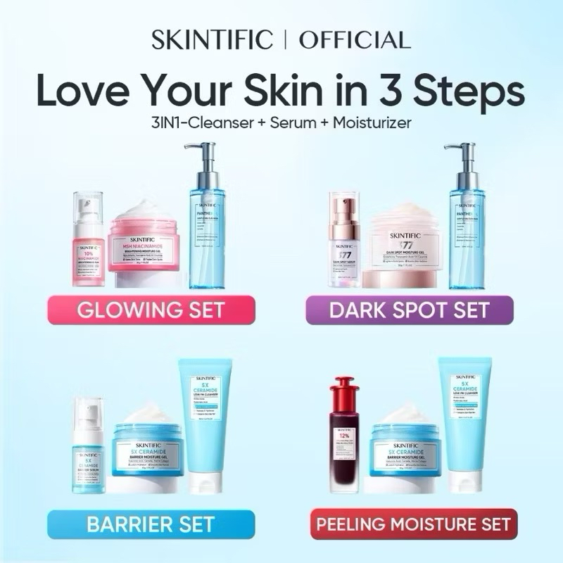 (PAKET HEMAT) SKINTIFIC PAKET ANTI ACNE, EXFOLIATING SET, GLOWING SET, PEELING MOISTURE SET