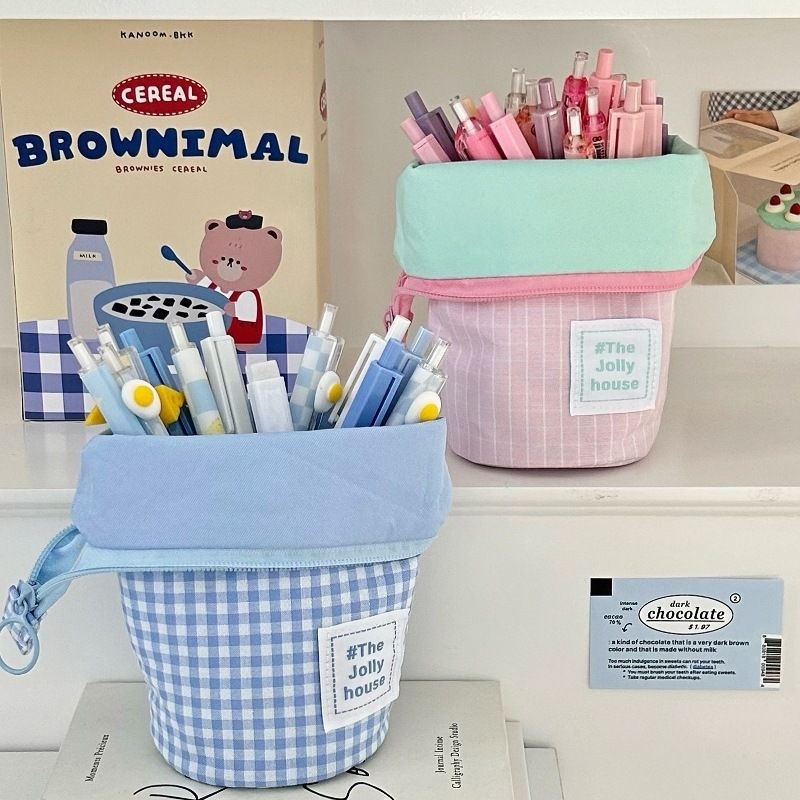 Tas Pensil KoreaPouch Makeup Handle Pastel Estetik Bucket Pensil Case Aestetik Minimalis Wadah Tempa
