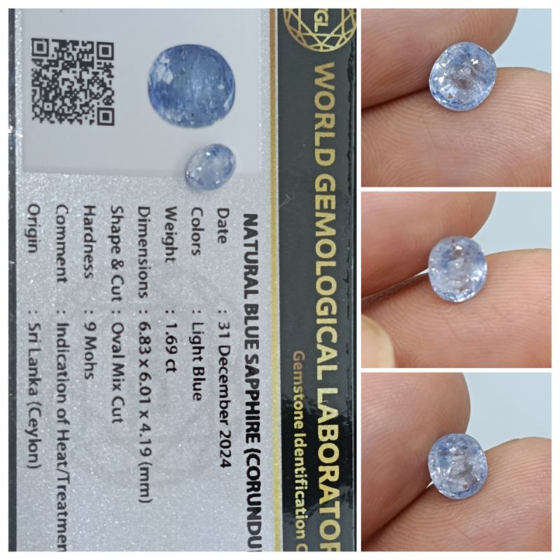 Natural Blue Sapphire Ceylon 1,69 ct memo WGL Safir Srilanka