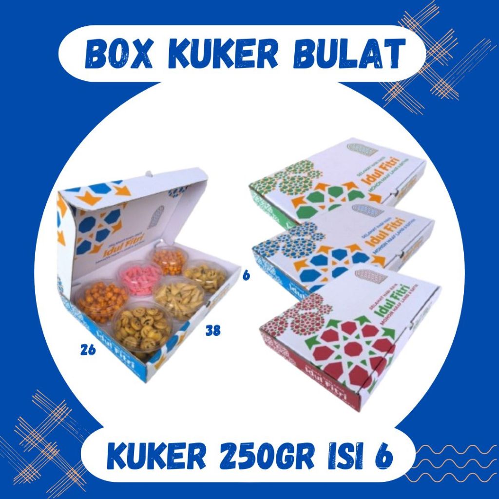 

Kardus Kuker 38x26x6 LD Kue Kering Toples 250 gr isi 6 Toples Box Ied Mubarok Dus Idul Fitri Lebaran Packing Kotak Kemasan Pizza Polos/Motif