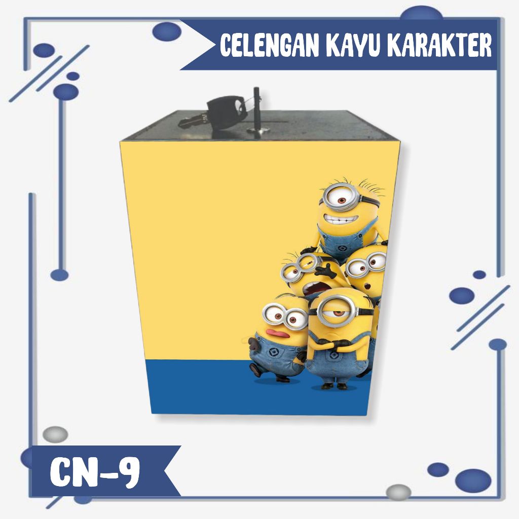 CELENGAN MINION KARAKTER LUCU/ KOTAK TABUNGAN KAYU GEMBOK KUNCI UNIK