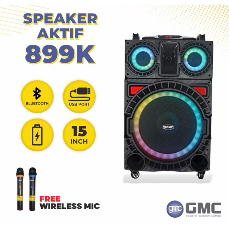 Speaker Portable Bluetooth GMC BM 899K 899 K + 2 Mic Wireless UHF 15in 15inch
