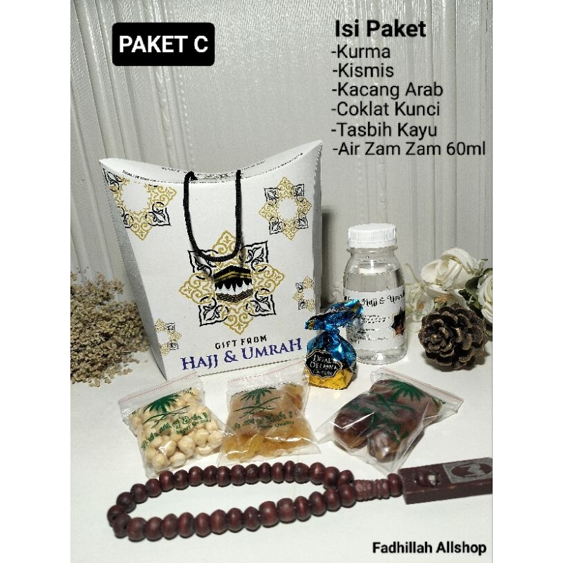 

Paket Oleh-Oleh Haji dan Umroh(PAKET C)Dus tali,Kurma,kismis,kacang Arab,Coklat kunci,Tasbih kayu,air Zam zam./Souvenir makanan/Hampers murah Satuan/pcs