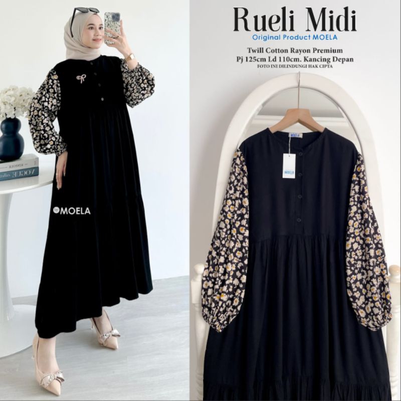 MOTIF LENGAN RANDOM - HITAM Gamis Midi Lengan Motif (Random) Busui Kancing / Resleting Depan Bahan T
