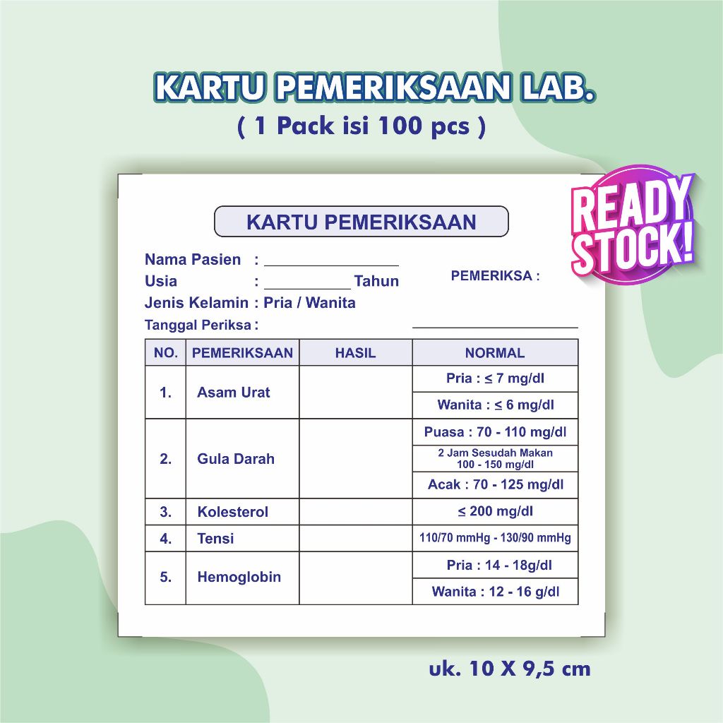 

Kartu Pemeriksaan Lab 100 pcs/ Kartu Kontrol Ready Stock Kartu Laborat - Kartu Pemeriksaan Laborat (kadar gula, tensi, asam urat, colestrol, HB,& trigliserida) kartu kesehatan kartu periksa kartu pasien kartu kesehatan kartu tensi kartu gula darah