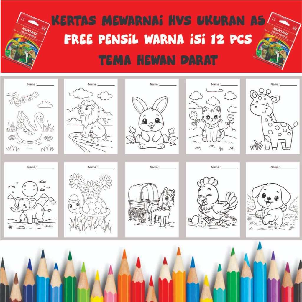 

Gambar Mewarnai kertas hvs ukuran A5 / sketsa / edukasi anak /coloring / Hewan Darat