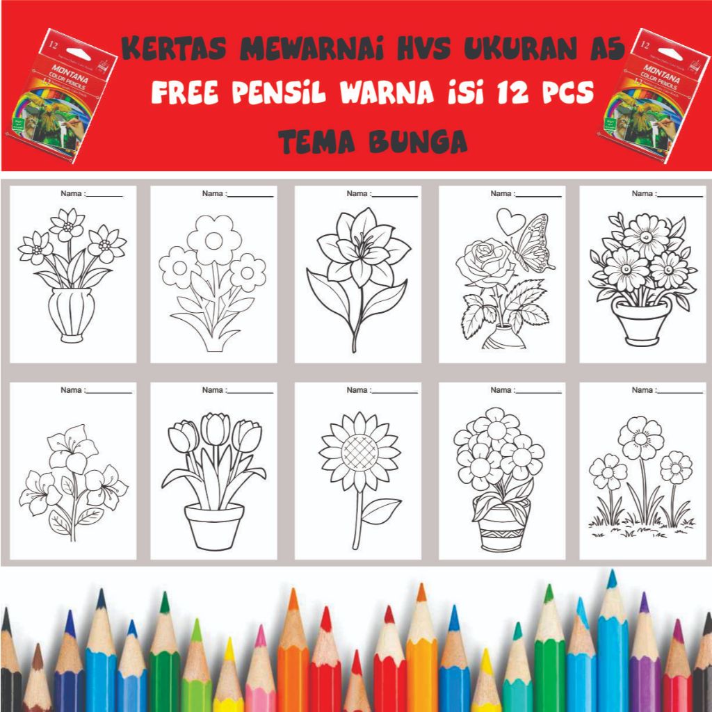 

Gambar Mewarnai kertas hvs ukuran A5 / sketsa / edukasi anak /coloring / Bunga