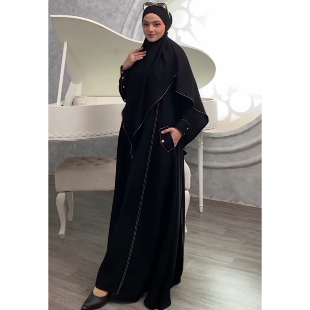 Asqina Batik - Gamis Abaya Raudhah Satu Set Hijab Basic Jetblack Premium Gamis Syar'i
