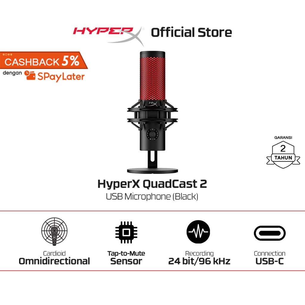 HyperX Microphone Gaming QuadCast 2 USB C - Black Podcast Streaming Condenser Mic Original Promo Cic