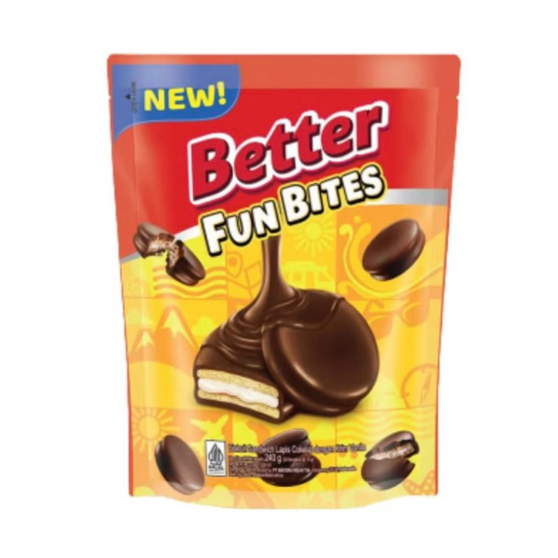 

Better Fun Bites 240g POUCH (10g x 24 pcs) Beter Biskuit Sandwich Lapis Coklat Dengan Krim Vanilla