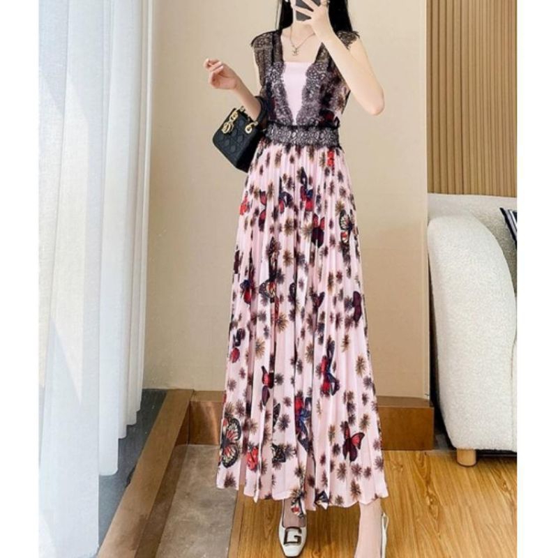 05580 Baju maxidress longdress RIBEIRA PLEATED MAXI LONG DRESS LENGAN PENDEK dres bunga pink vneck K