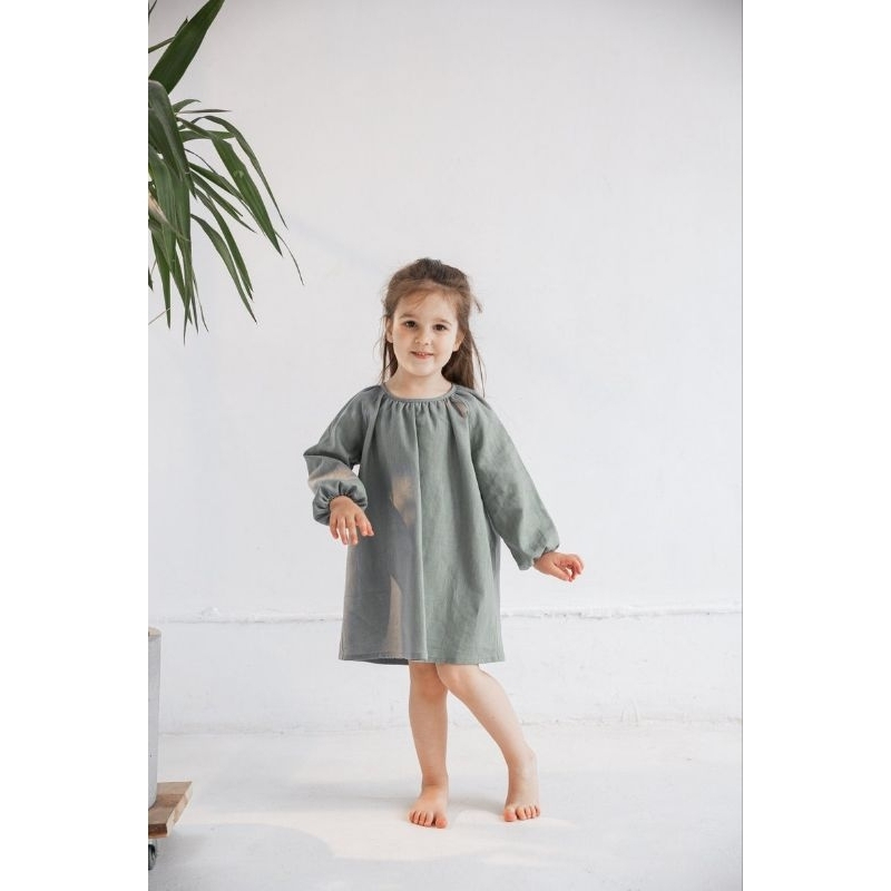 Toddler Linen Dress, Toddler Autumn Dress, Long Sleeves Dress with Buttons Back, Girl Holiday Dress,