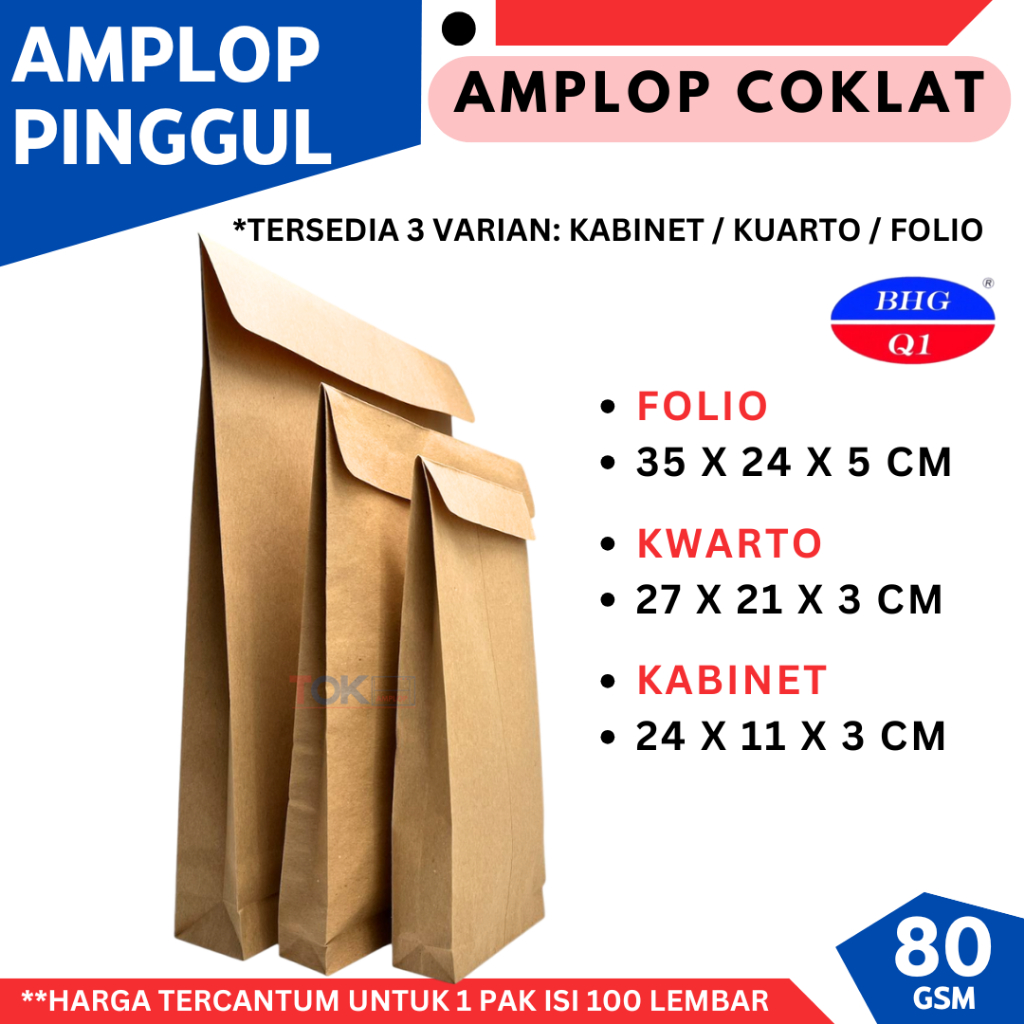 

HJK Amplop Coklat Folio PINGGUL (24 x 35 X 5 CM) isi 100lbr/Polos Paper Bag Kraft Amplop