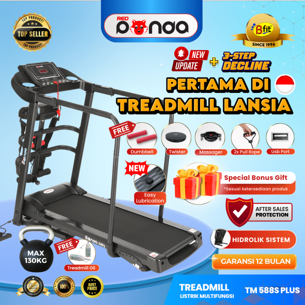 Treadmill Listrik Redpanda 588S Multifunction - Hitam/Putih, 130kg Max User Weight, 12 Program Otomatis