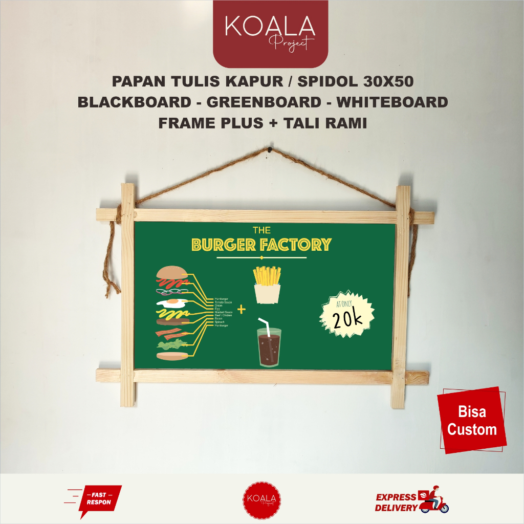 

PAPAN TULIS BLACKBOARD GREENBOARD WHITEBOARD - PLUS TALI RAMI GANTUNG 30x50 CM ATAU 50X30 CM - KOALA PROJECT