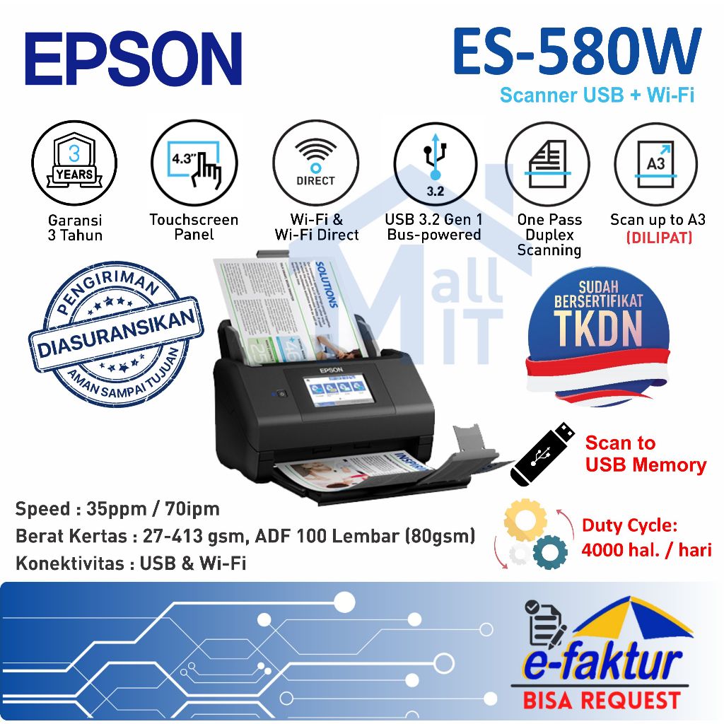 MALLIT EPSON Scanner Epson ES-580W ES580W ES 580W ES 580 W A4 F4 Legal Wireless WiFI Duplex ADF Gara