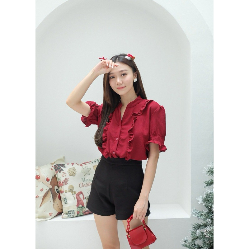 [COTTONBELLS] BAJU PREMIUM EIRA BUTTON RUFFLE PLAID TOP (MB - B 13279)