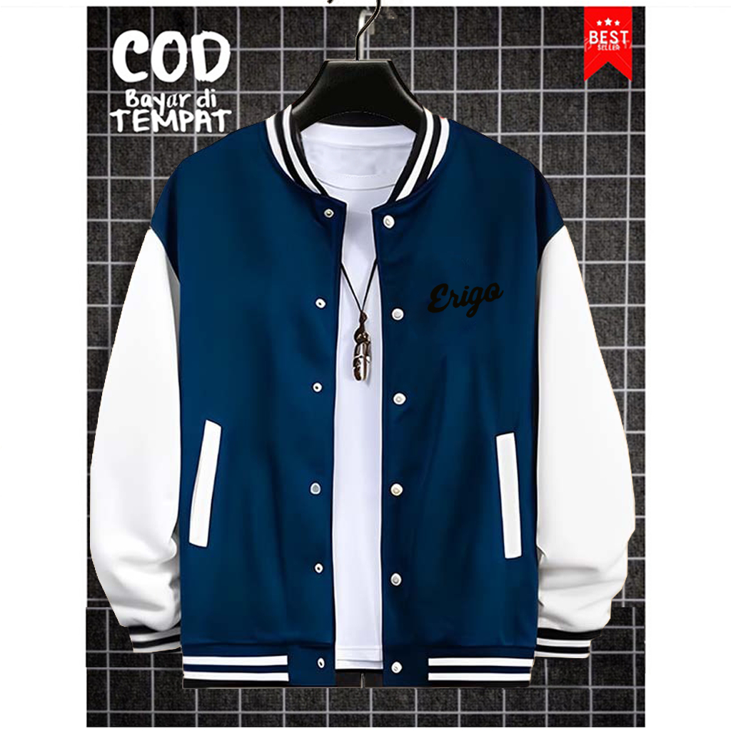 BISA COD Jaket Bomber Varsity Baseball Resleting Jaket Varsity Pria / Erigo | Text Hitam Baseball Di