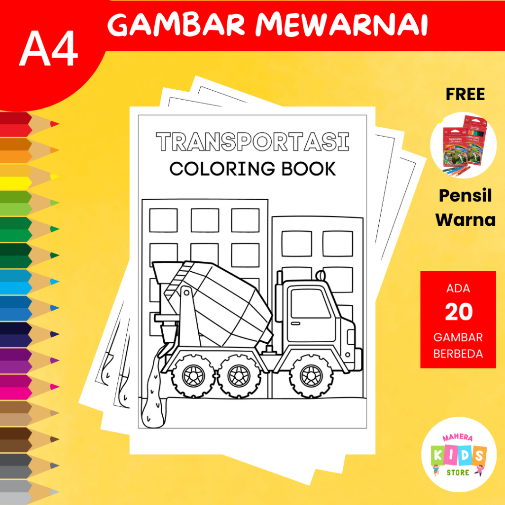 

20 Lembar Kerja Gambar Mewarnai Kendaraan Anak Coloring Book A4 Free Pensil Warna