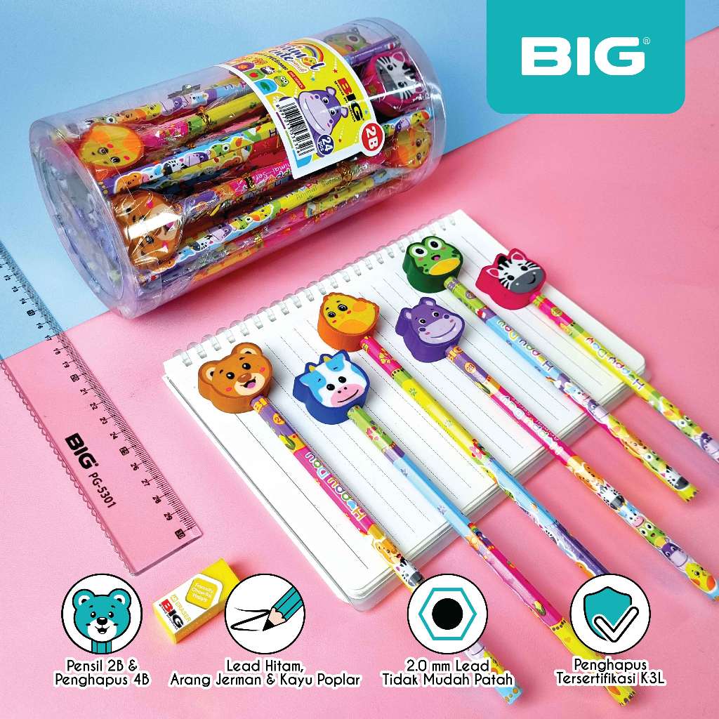 

24 Pcs BIG Pensil 2B & Penghapus Hewan Lucu Graphite Pencil PS-888