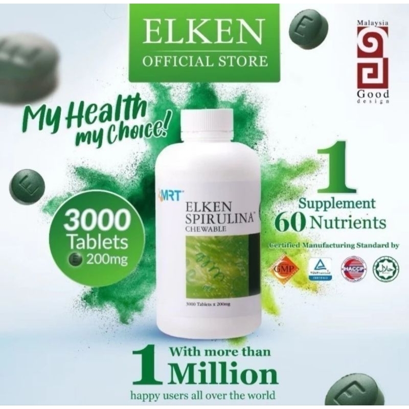 Elken Spirulina 3000 tablet Original 100% | Detox Racun Tubuh | Tingkatkan Imun | BPOM | Resmi