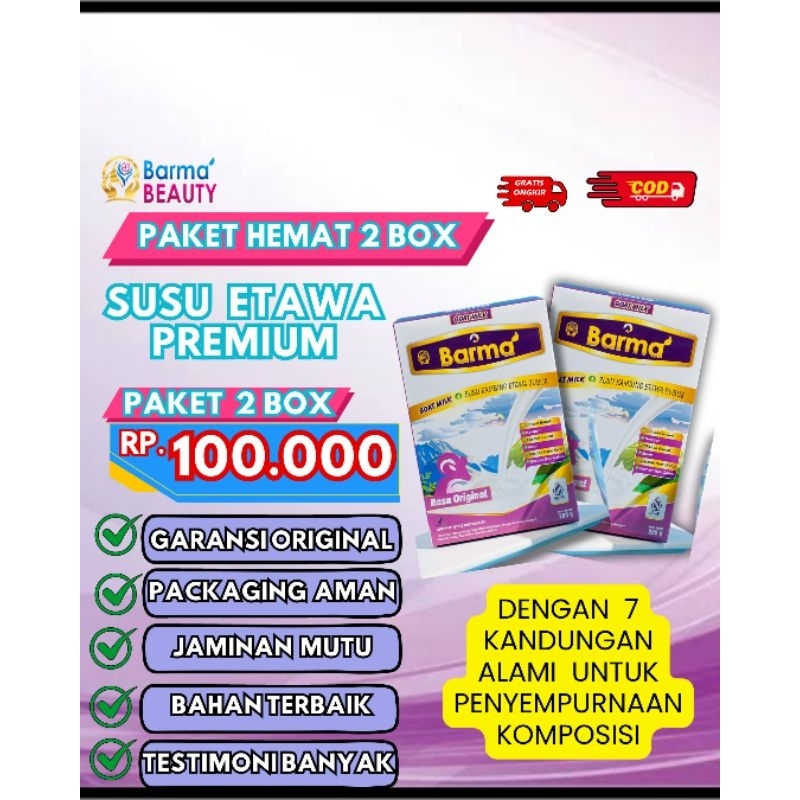 

Barma Beauty Paket Hemat 2 Box Susu Etawa Premium denganalmond, colagen, gamat, madu, ikan gabus, daun kelor, dan etawa premium