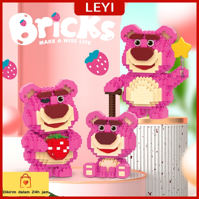 Nano Bricks Mainan Block Beruang Stroberi Mini Blok Perakitan Buket Anak perempuan Edukasi Toys