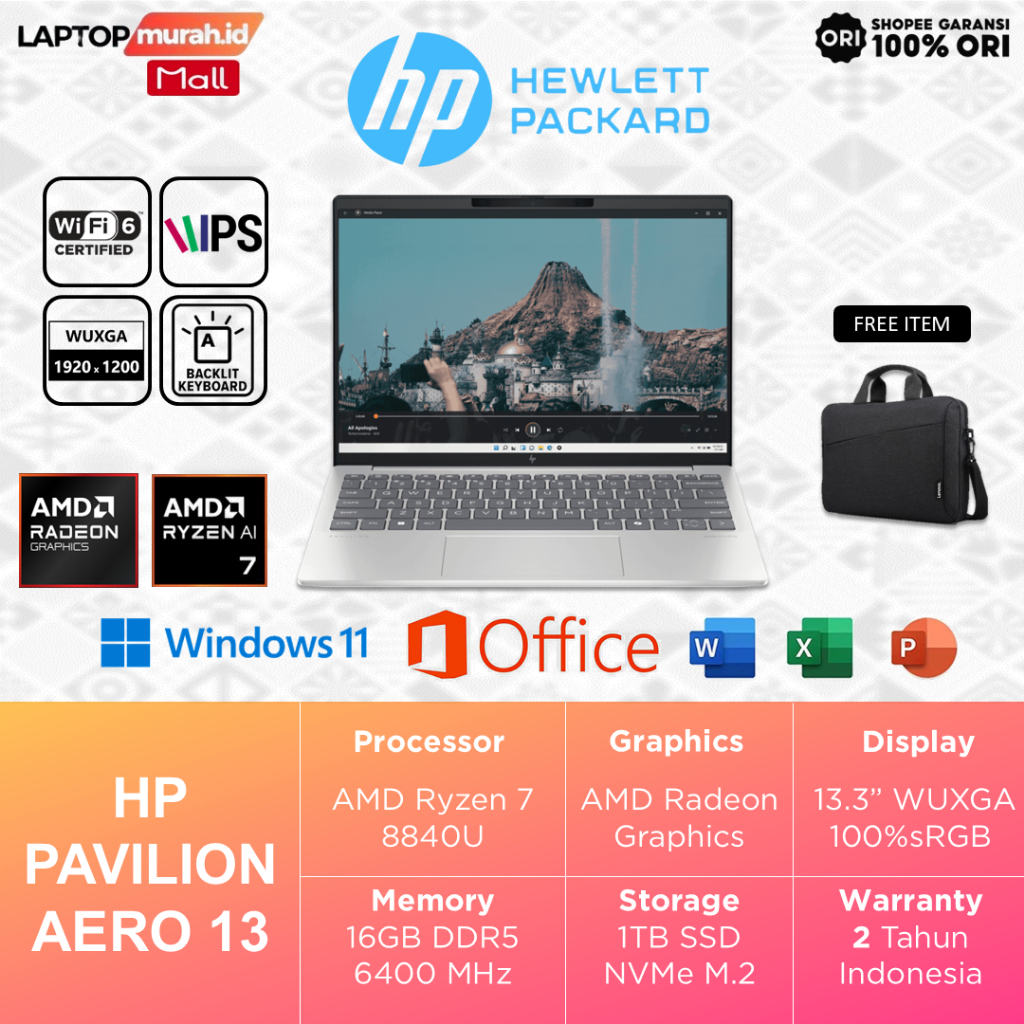 Laptop HP Ryzen 7 8840U 16GB 1TB 13.3" WUXGA 100%sRGB Windows 11 Pro - HP Pavilion Aero BG0777AU