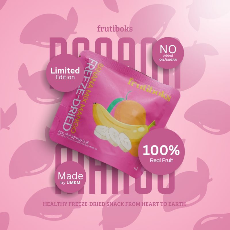 

FRUTIBOKS FREEZE-DRIED BANANA MIX MANGO SNACK Cemilan keripik buah kering pisang dan mangga