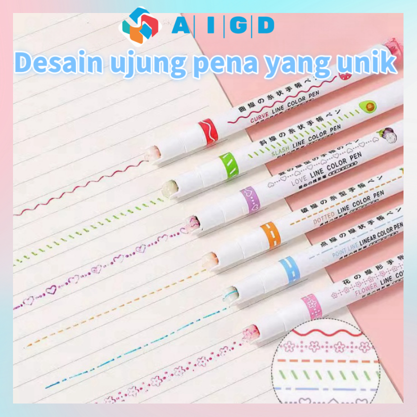 

[COD] Spidol Garis Motif Spidol Warna Warni 1 Set 6 PCS Aesthetic Lucu Pulpen Roller pen Alat Tulis