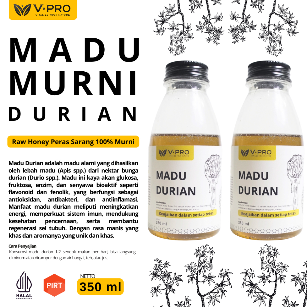 

Madu Durian V Pro Alami Murni 350 ml | Raw Honey Sarang Asli