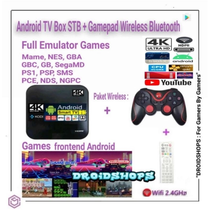 TV Box STB Android Paket Wireless + Gamepad Bluetooth Tanpa Kabel Full Games