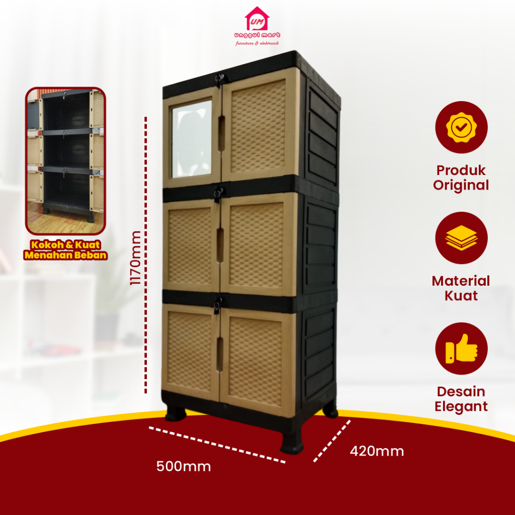 Lemari Pakaian Plastik Mini Susun 3 Tabitha Aquos Gunplas Include Kaca Cermin & Kunci