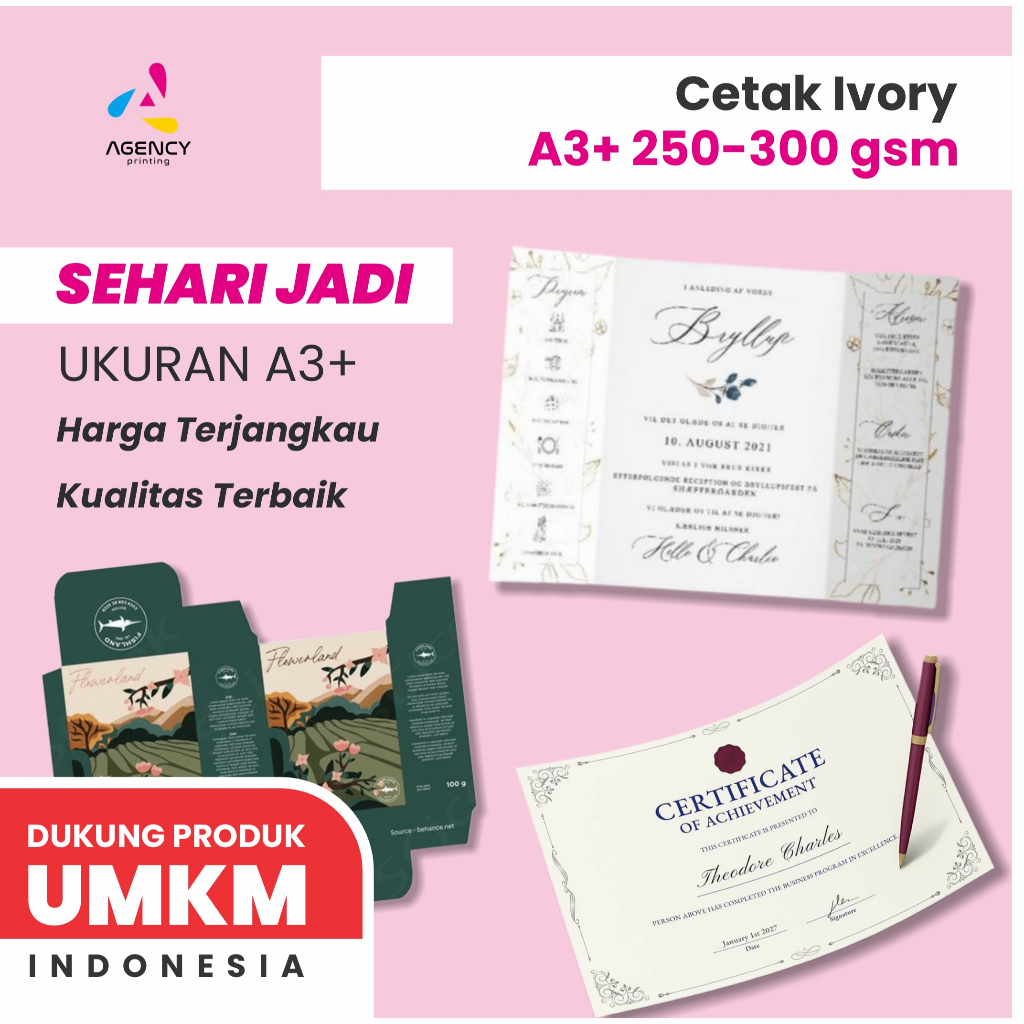 

Cetak Kertas Ivory A3+ 250-300 gsm Custom box packaging sertifikat Undangan Majalah